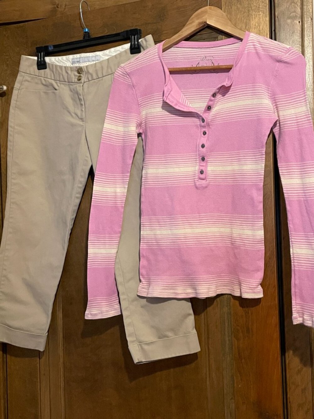 Quality Y2K Old Navy Cotton Outfit - Khaki Pants & Thermal Pink Top 2000s 90s